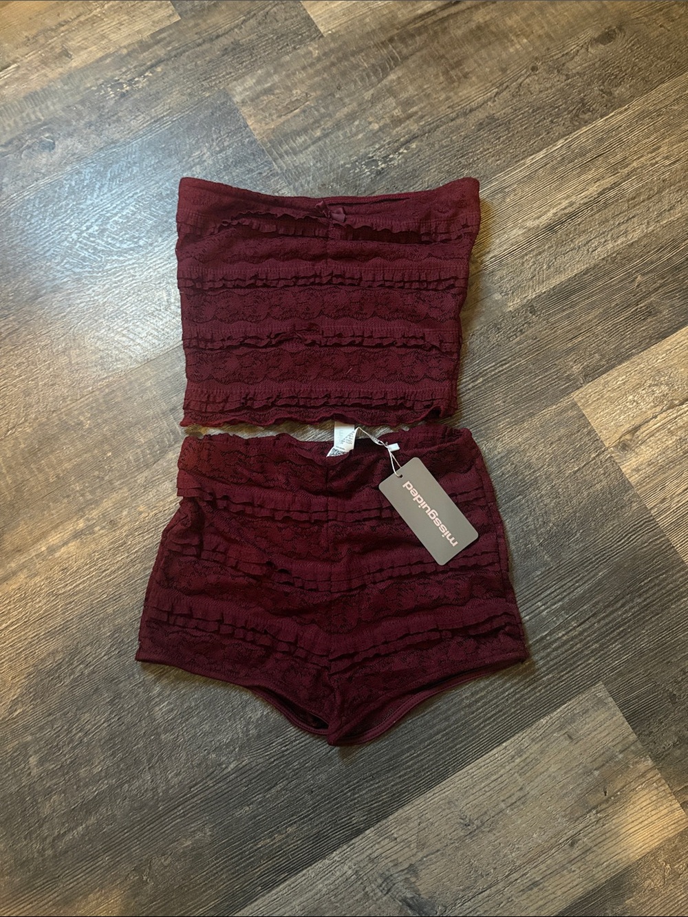 Missguided Burgundy Lace Strapless Crop Top & Shorts Set